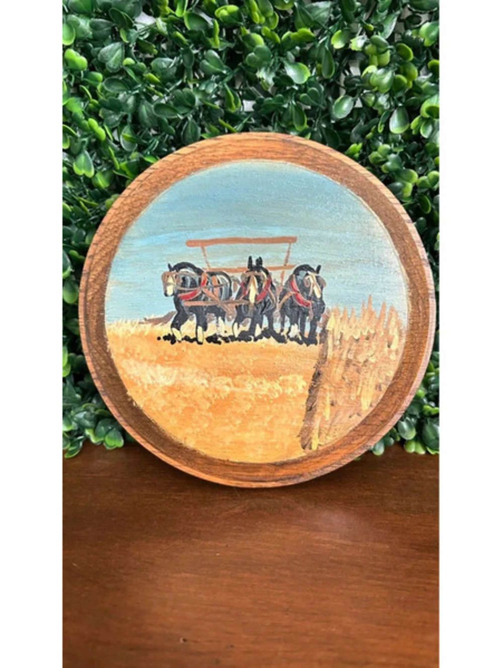Vintage Folk Art Horse Wagon Painting on Wood Western Rustic Wall Decor